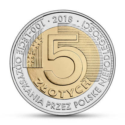 5 zł 2018 - Moneta z okolicznościowym napisem 100-lecie odzyskania przez Polskę niepodległości