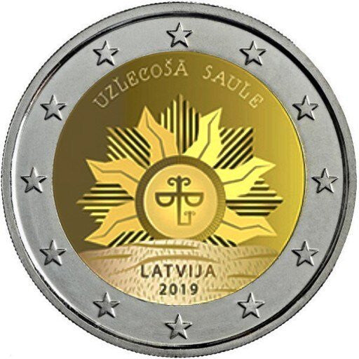 Łotwa 2 euro 2019 Herb wschodzącego słońca Łotwy