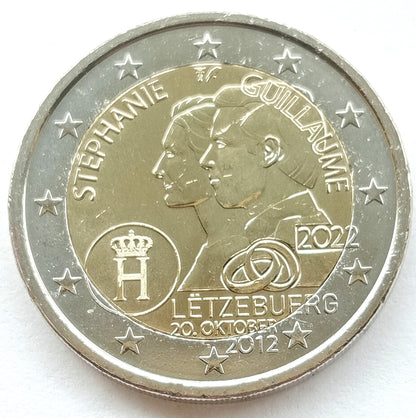 Luksemburg 2 euro 2022 10. rocznica królewskiego ślubu wielkiego księcia Wilhelma i hrabiny Stéphanie de Lannoy